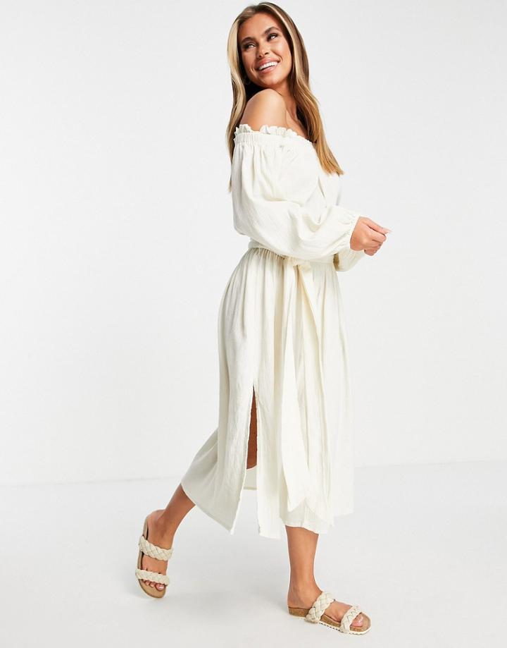 Asos Design Off Shoulder Super Crinkle Beach Dress In Natural-white