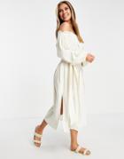 Asos Design Off Shoulder Super Crinkle Beach Dress In Natural-white