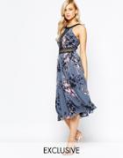 Little Mistress High Neck Midi Dress With Lace Insert - Gray Floral