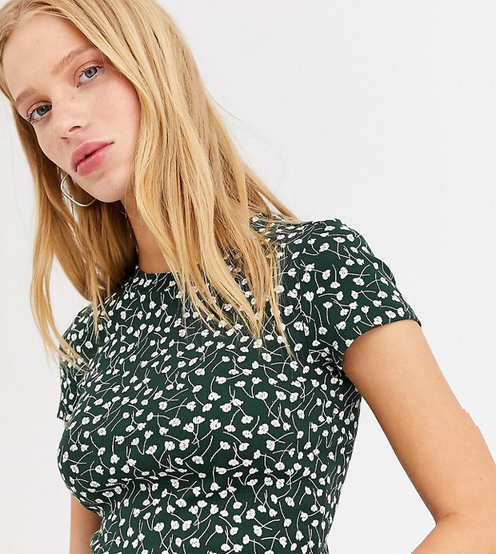 Monki Floral Print Ribbed Crew Neck T-shirt Dark Green