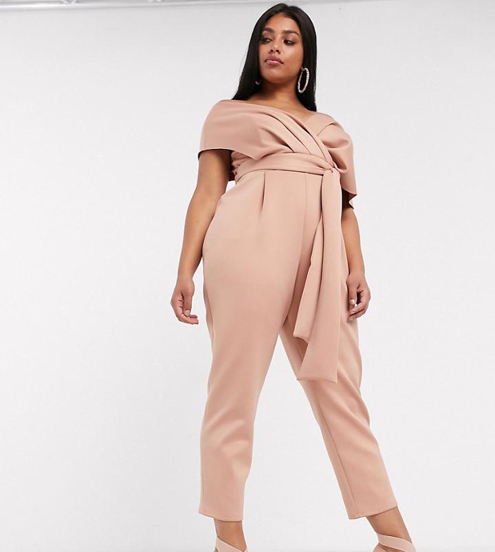 Asos Design Curve Fallen Shoulder Scuba Jumpsuit In Blush-brown
