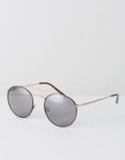 Asos Metal Round Sunglasses In Tort With Nose Bar - Brown