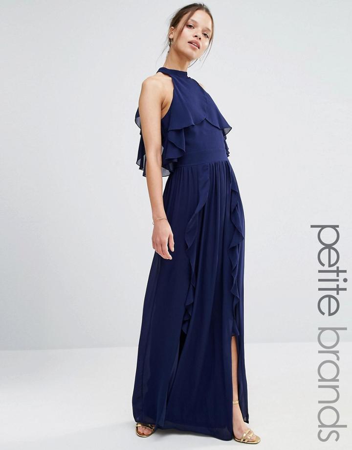 Tfnc Petite Wedding High Neck Maxi Dress With Frills - Navy