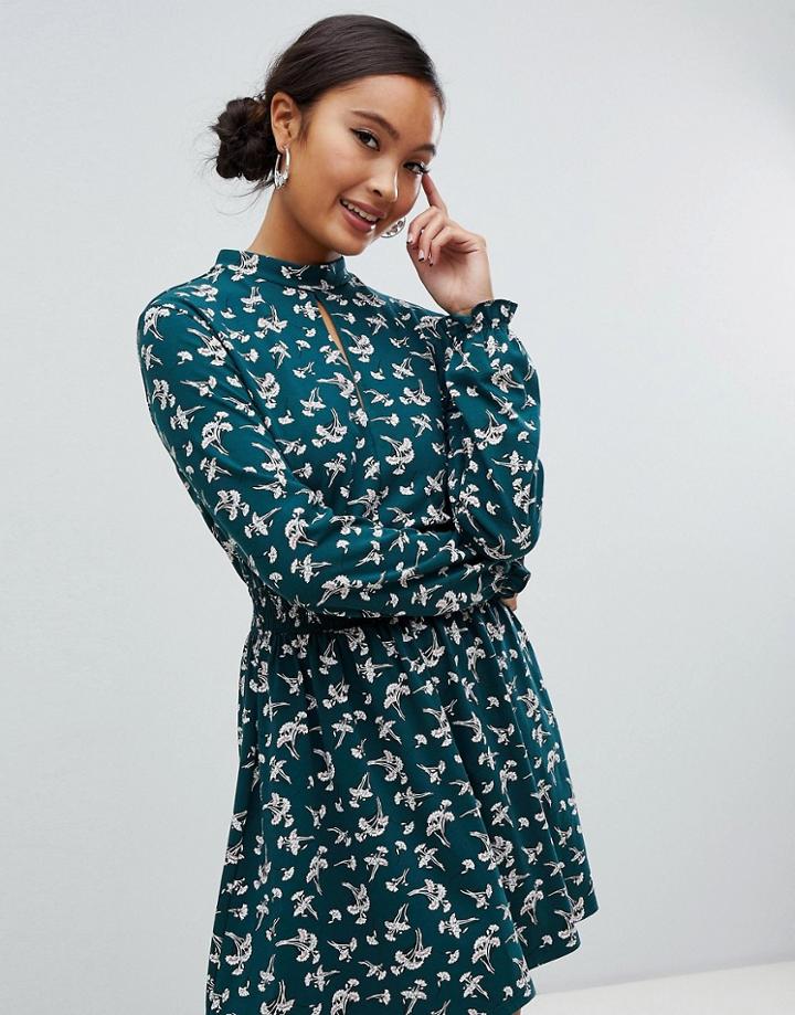 Miss Selfridge Shirred Waist Mini Dress In Green Floral - Green
