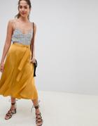 Asos Design Satin Midi Skirt With Self Belt - Yellow