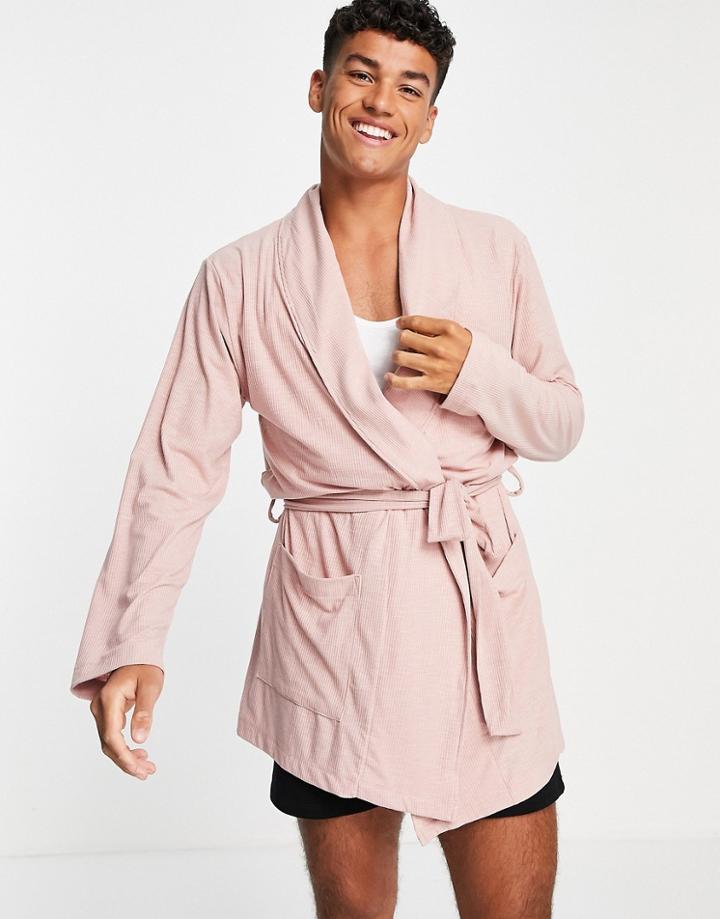 Asos Design Set Ribbed Dressing Gown In Mauve-pink