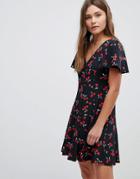 Asos Mini Tea Dress With Button Through In Cherry Print - Multi