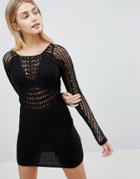 Asos Design Bodycon Dress In Crochet With Long Sleeve - Black