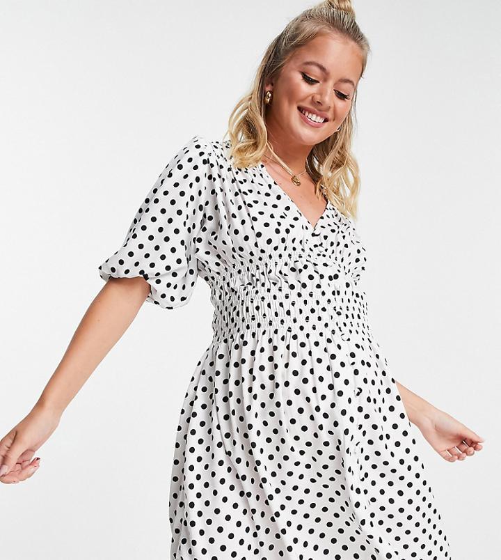 Asos Design Maternity Shirred Mini Tea Dress In Mono Spot Print-multi