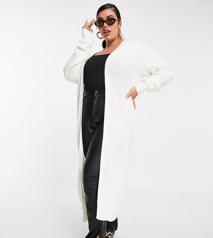 Fashionkilla Plus Knit Longline Cardigan In Ecru-white