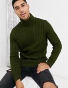 Asos Design Knitted Cable Knit Roll Neck Sweater In Khaki-green