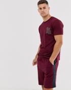 Asos Design Lounge Short And Tshirt Pyjama Set In Burgundy With Side Stripe-red