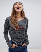 Nocozo Long Sleeve Christmas Striped T-shirt With Sequined Robins - Black