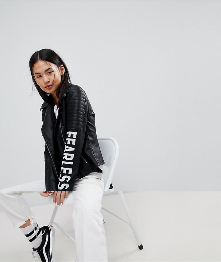 Noisy May Rebel Biker Jacket With Fearless Slogan - Black