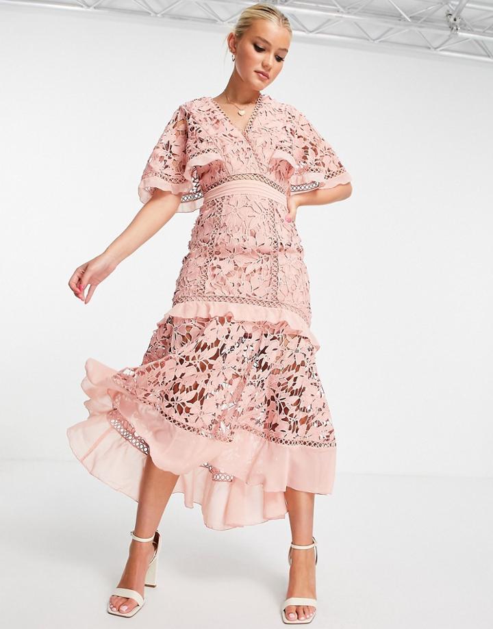 Asos Design Lace Midi Dress With Cape Sleeve And Peplum Hem-multi