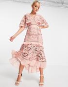 Asos Design Lace Midi Dress With Cape Sleeve And Peplum Hem-multi