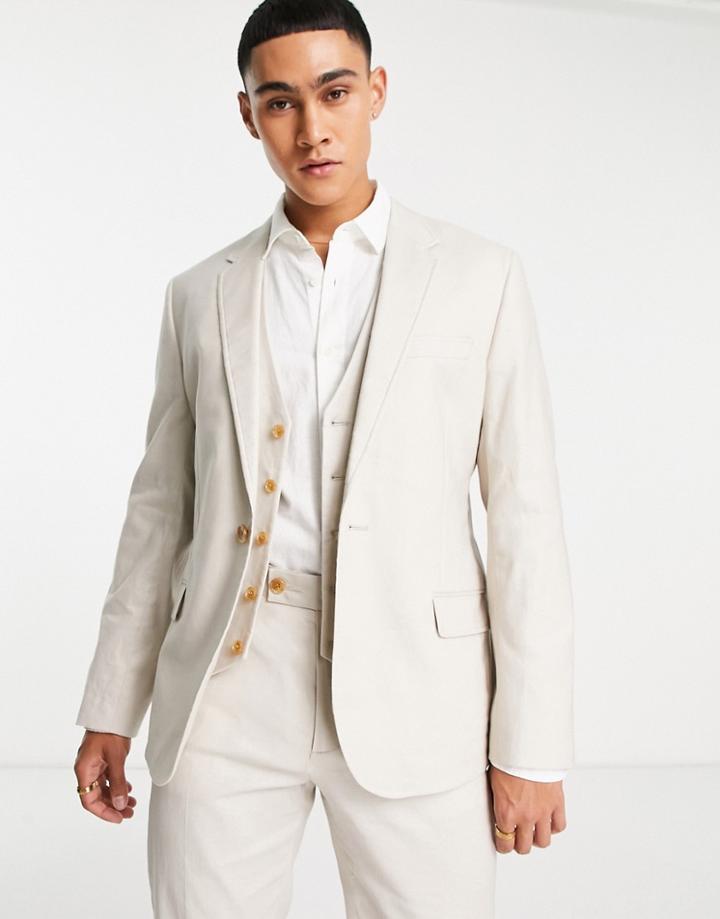 Asos Design Slim Linen Mix Suit Jacket In Stone-neutral