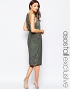 Asos Tall Embellished Midi Dress With Drape Back - Khaki