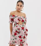 Boohoo Petite Bardot Mini Dress With Cut Out Detail In Pink Floral - Multi