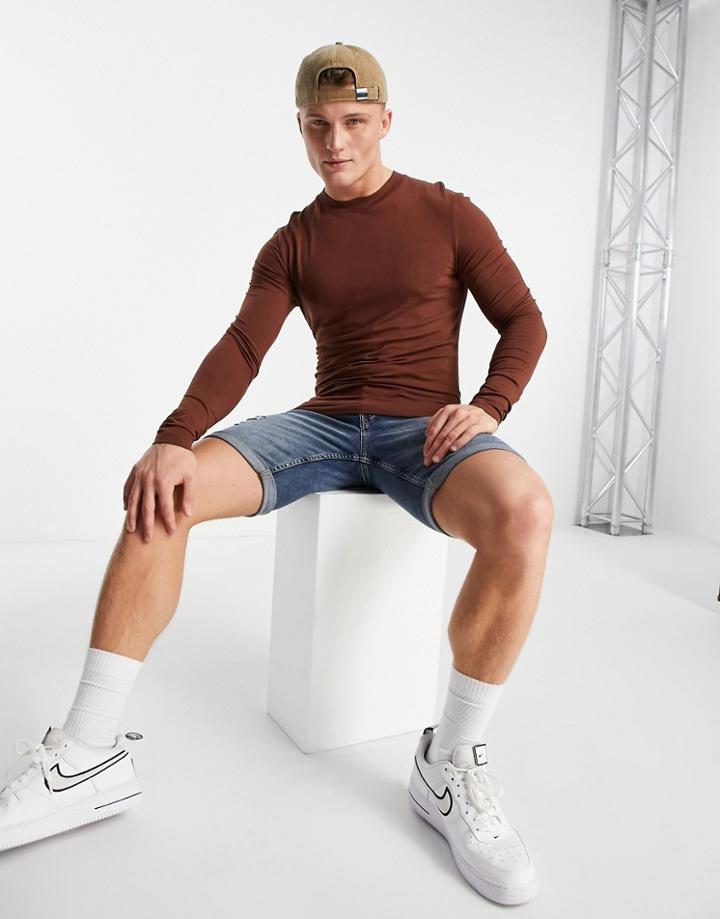 Asos Design Organic Cotton Blend Muscle Fit Long Sleeve T-shirt With Crew Neck In Brown-brunette