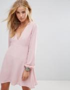 Wyldr Ophellia Tea Dress With Low V Neckline And Tie Sleeves - Pink