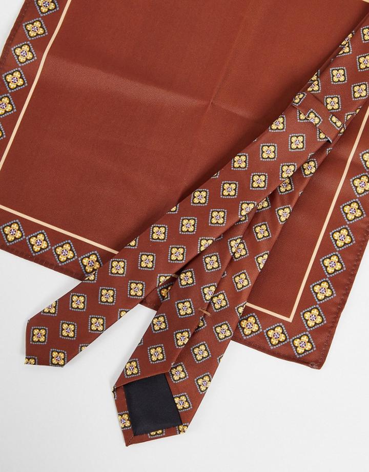 Asos Design Slim Tie And Pocket Square In Retro Print-multi