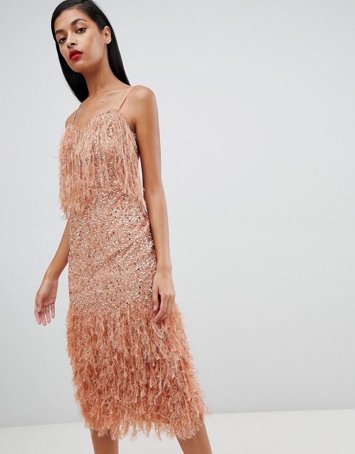 Asos Design Faux Feather Trim Sequin Midi Dress-pink