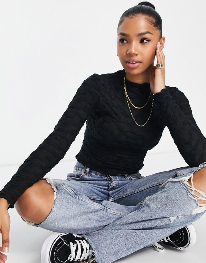 Urban Revivo Long Sleeve High Neck Mock Ruffle Top In Black
