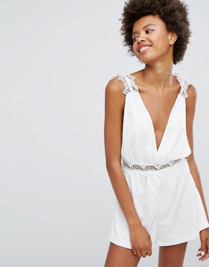 Pull & Bear Crochet Detail Romper - White