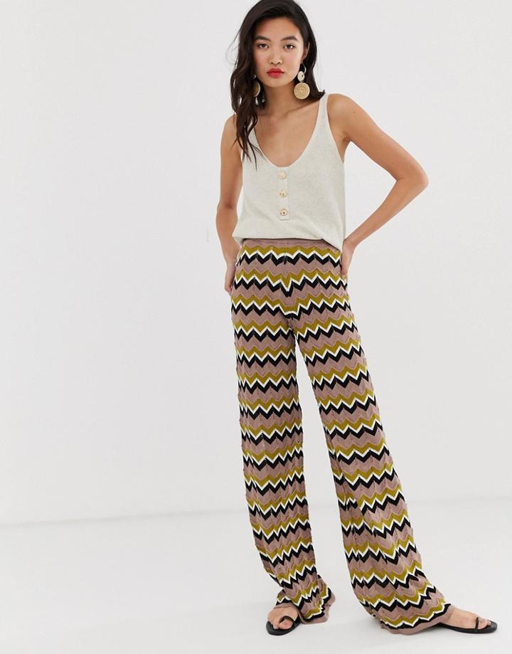 River Island Knitted Wide Leg Pants In Zig Zag Print-brown