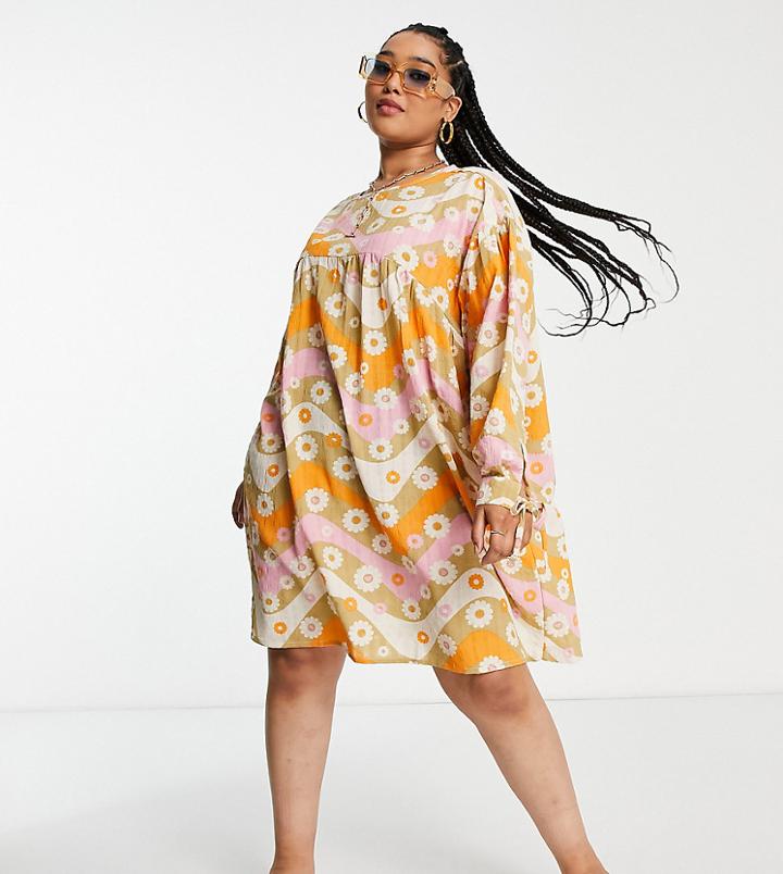 Native Youth Plus Smock Dress With Tie Cuffs In Wavy Texture-multi