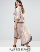 Elvi Premium Shimmer Pleated Dip Hem Skirt With Lace Detail - Pink