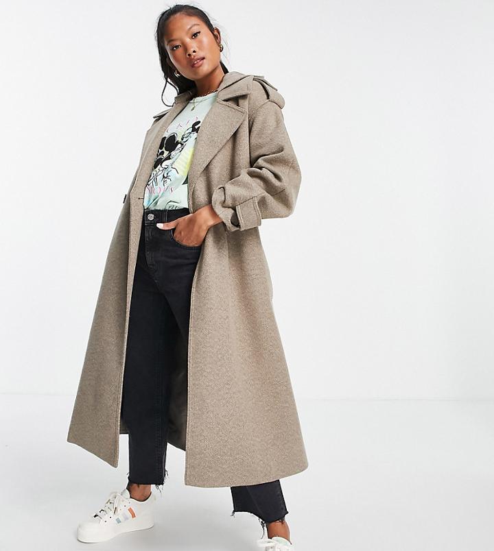 Asos Design Petite Slouchy Belted Coat With Hood In Mushroom-grey
