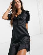 River Island Jacquard Ruffle Mini Tea Dress In Black