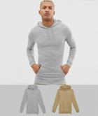 Asos Design Longline Muscle Fit Hoodie 2 Pack In Gray Marl/beige - Multi