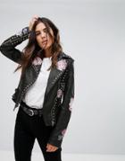 Barney's Originals Leather Jacket With Snake And Floral Embroidery - Black