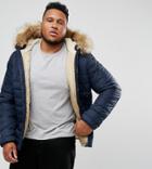 Schott Plus Rocky 2 Puffer Bomber Jacket Hooded Detachable Faux Fur Trim Slim Fit In Navy - Navy