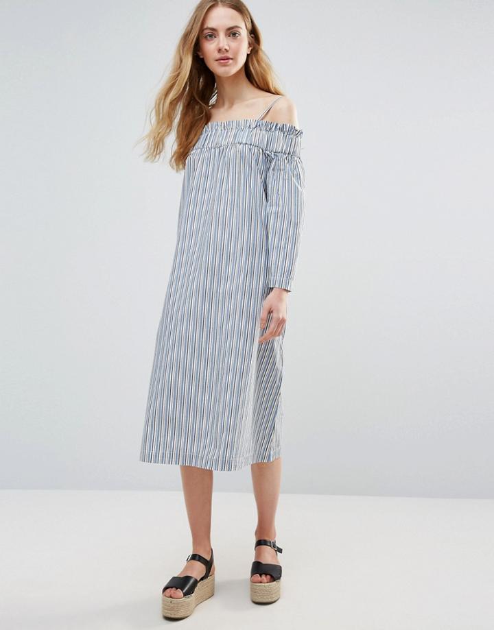 Ganni Jackson Cold Shoulder Dress In Verona Stripes - Blue