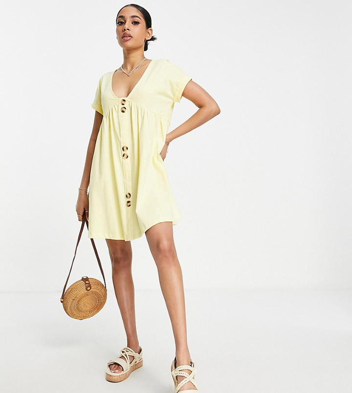 Asos Design Petite Short Sleeve Mini Smock Dress With Large Button Detail In Lemon-yellow