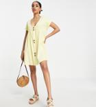 Asos Design Petite Short Sleeve Mini Smock Dress With Large Button Detail In Lemon-yellow