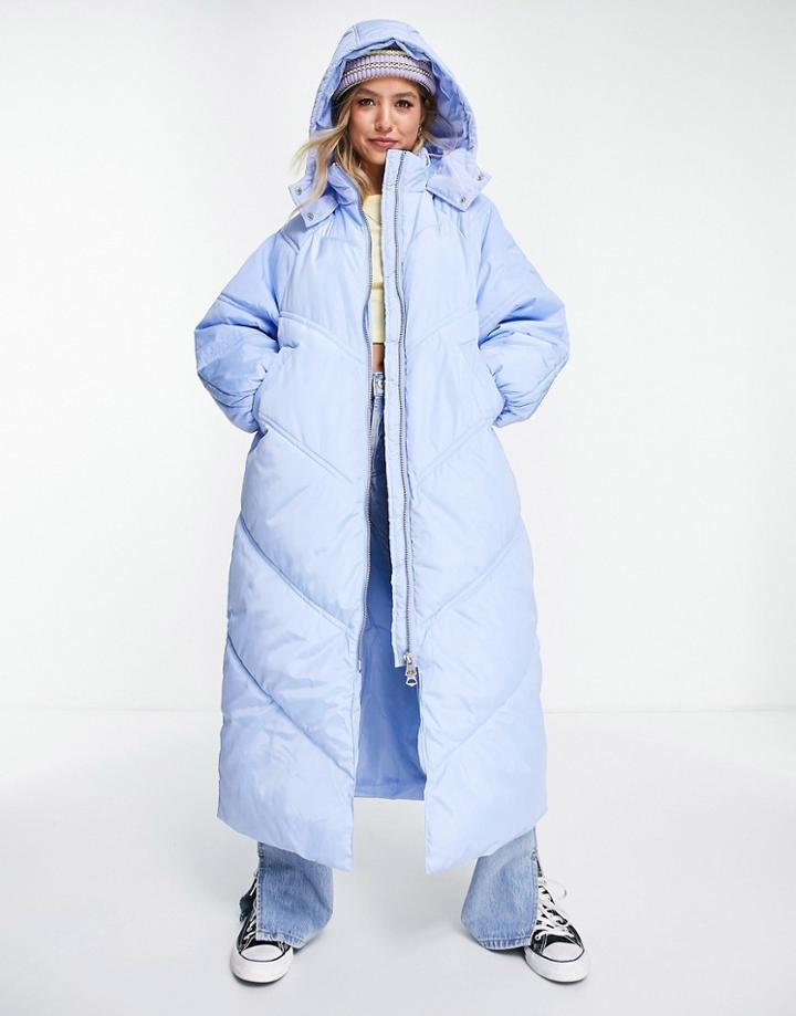 Pieces Longline Puffer Coat In Blue