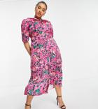 Hope & Ivy Plus Puff Sleeve Midi Dress In Bright Fuchsia Pink Floral Print