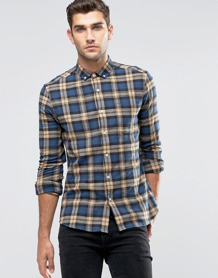 Asos Skinny Shirt With Camel Plaid Check In Long Sleeve - Tan