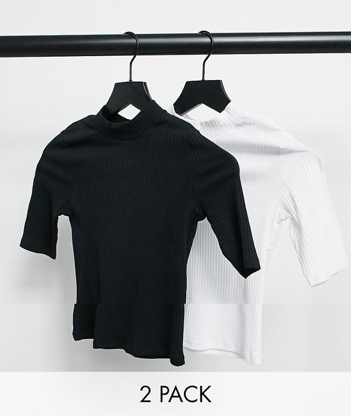 Monki Sabrina Organic Cotton 2 Pack Short Sleeve T-shirt In Black And White-multi