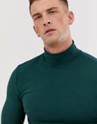 Asos Design Organic Muscle Fit Long Sleeve Roll Neck T-shirt With Stretch In Green - Green