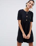 Asos Design Mixed Fabric Mini Smock Dress With Faux Horn Button-black