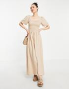 Vero Moda Organic Cotton Shirred Maxi Dress With Puff Sleeves In Beige-neutral