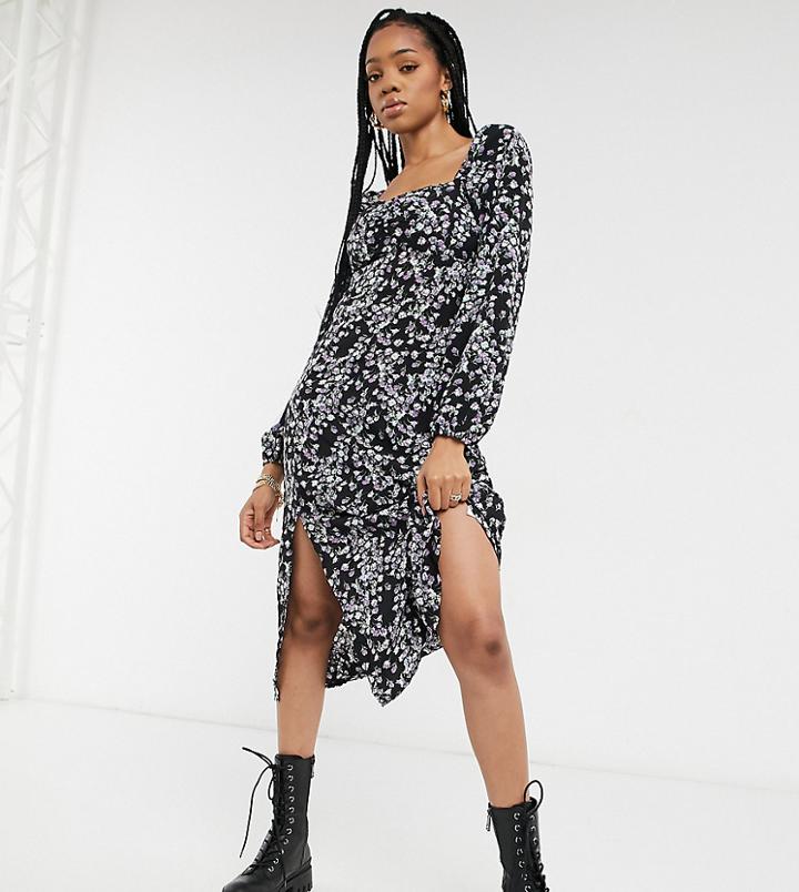 Missguided Tall Milkmaid Midi Dress In Floral Print-purple