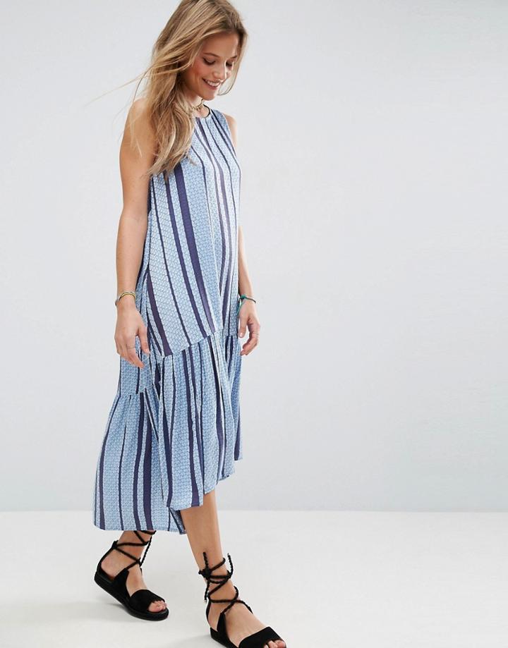 Asos Stripe Trapeze Midi Smock Dress In Dobby - Multi