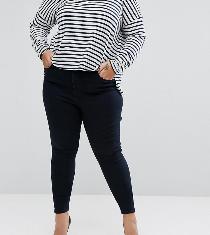 Asos Curve High Waist Ridley Skinny Jean In Petunia Dark Wash Blue - Blue